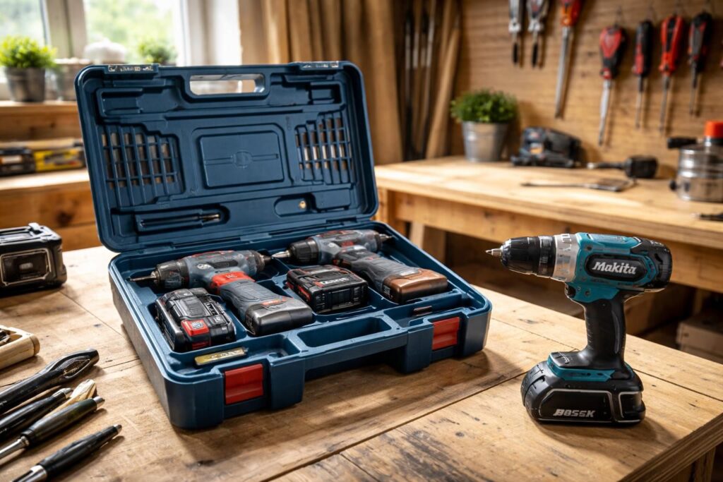 Outils électriques pour bricoleurs avec coffret Bosch et perceuse Makita