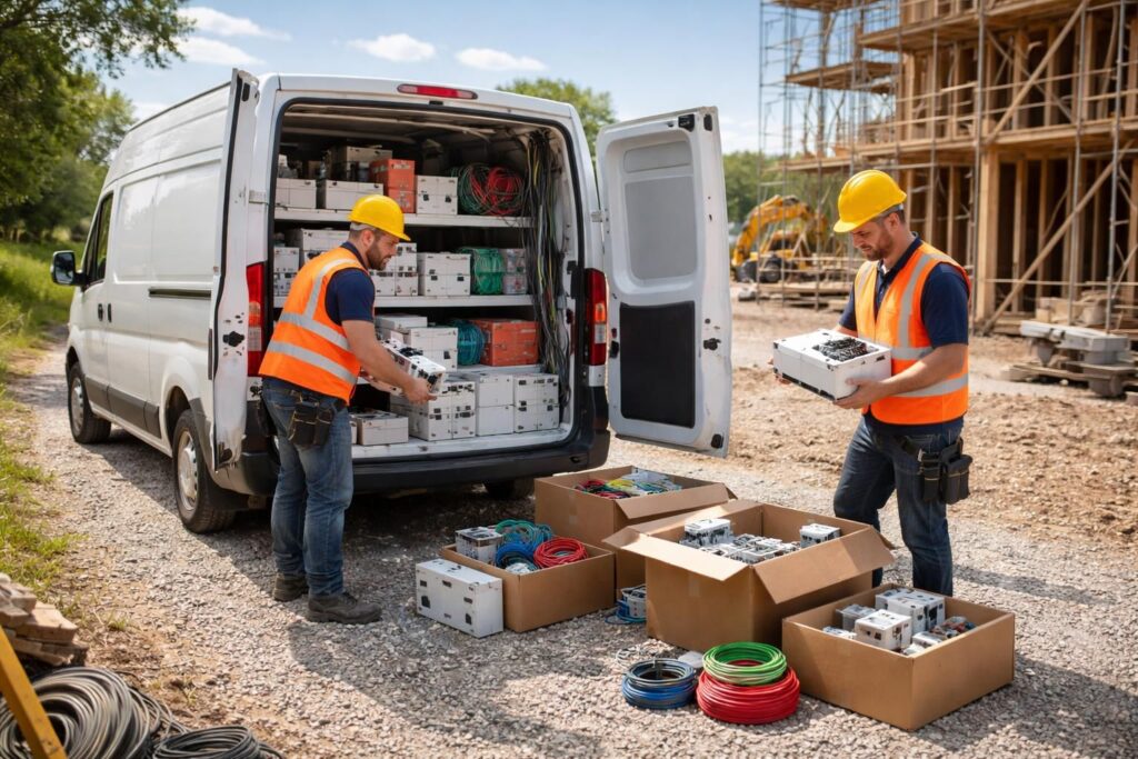 Transport de matériel électrique Legrand et Schneider Electric pour chantiers avec utilitaire